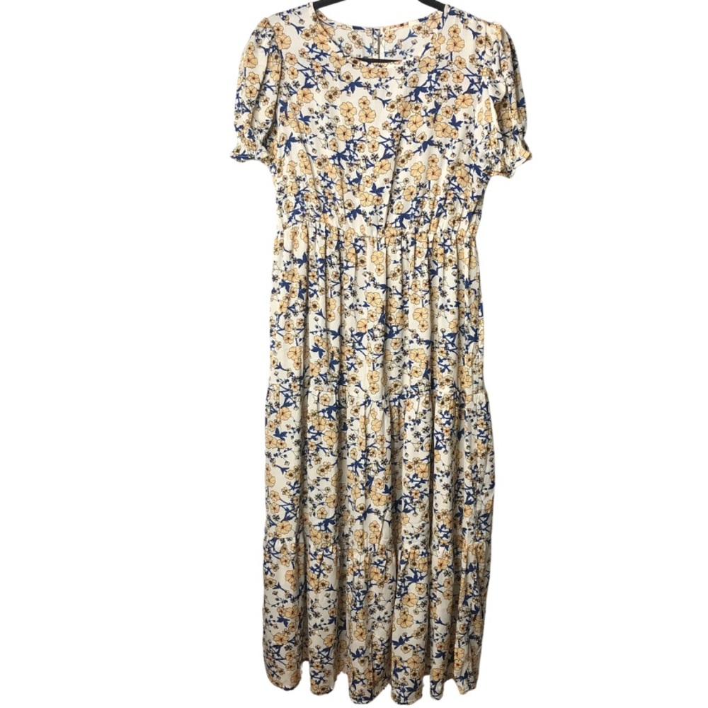 SHEIN Floral Ivory Blue Beige XL Midi Dress